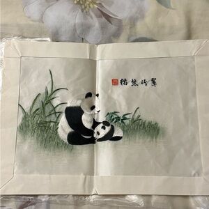 Panda Embroidery Art on Cream Canvas